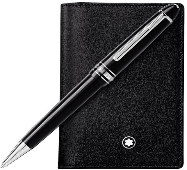 Montblanc Meisterstück Ballpen Midzise /Business Card Holder Gusset black Set 116036: A Montblanc gift set featuring a Meisterstuck midsize ballpoint pen in black precious resin with a pale gold-coated clip with a Meisterstuck business card holder in black European full-grain cowhide l