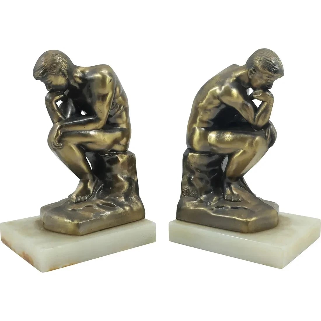 Vintage 2 Solid Brass "The Thinker" Bookends Mounted on Onyx Bases 8 in. Height (1 of 13)