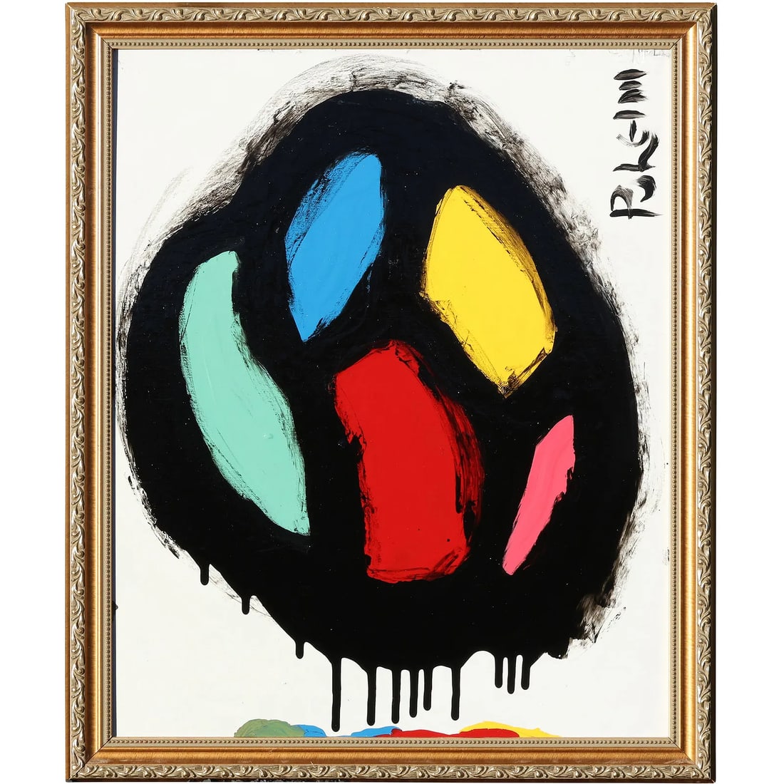 Thomas Pulgini Signed Abstract Color Field Painting with Dripping Black Circle, Gorgeous Wood Frame: Thomas Pulgini Signed Abstract Color Field Painting with Dripping Black Circle, Gorgeous Wood FrameOverall, good vintage condition. Refer to photos. NICE FRAME. FREE PICK-UPThomas Pulgini's abstract p