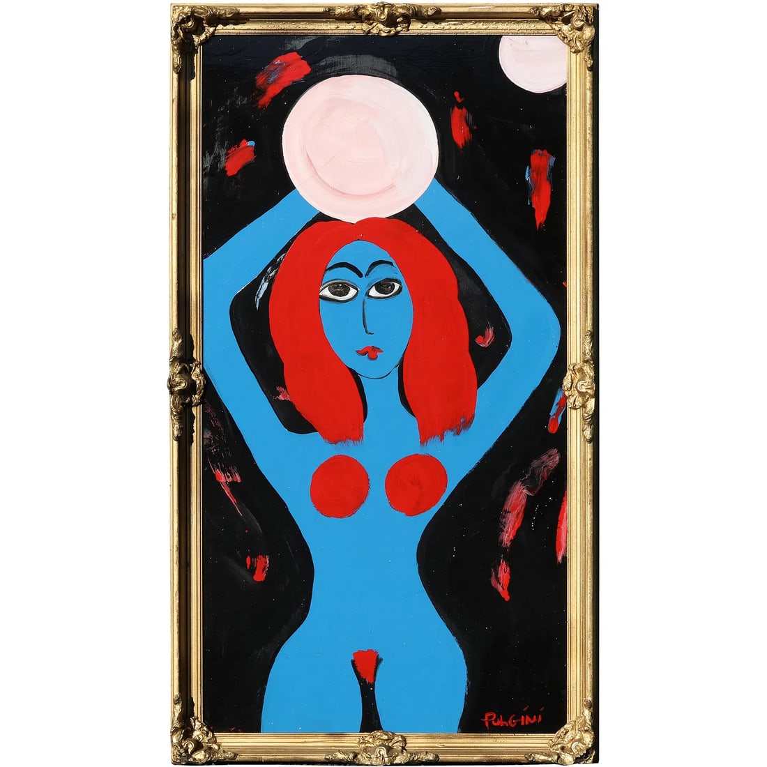 Thomas Pulgini (b. 1965), Blue Nude with Red Hair Oil on Wood Panel, 54" x 30", Gorgeous Frame: Thomas Pulgini (b. 1965), Blue Nude with Red Hair Oil on Wood Panel, 54" x 30", Gorgeous FrameA striking oil painting by Tom Pulgini, depicting a stylized female nude rendered in vivid blue with red h