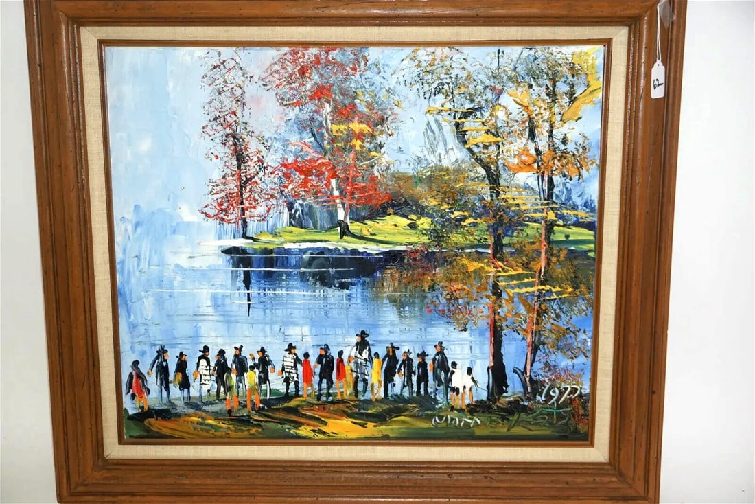 Beautiful Judaica scene by water, LARGE oil on Canvas Painting. Signed and dated 1977 by the Artist (1 of 5)