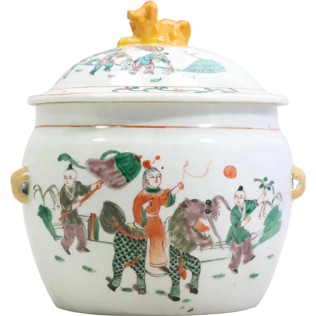 Fine Porcelain Chinese Cache Pot with Cover Decorated with Figures, Signed
