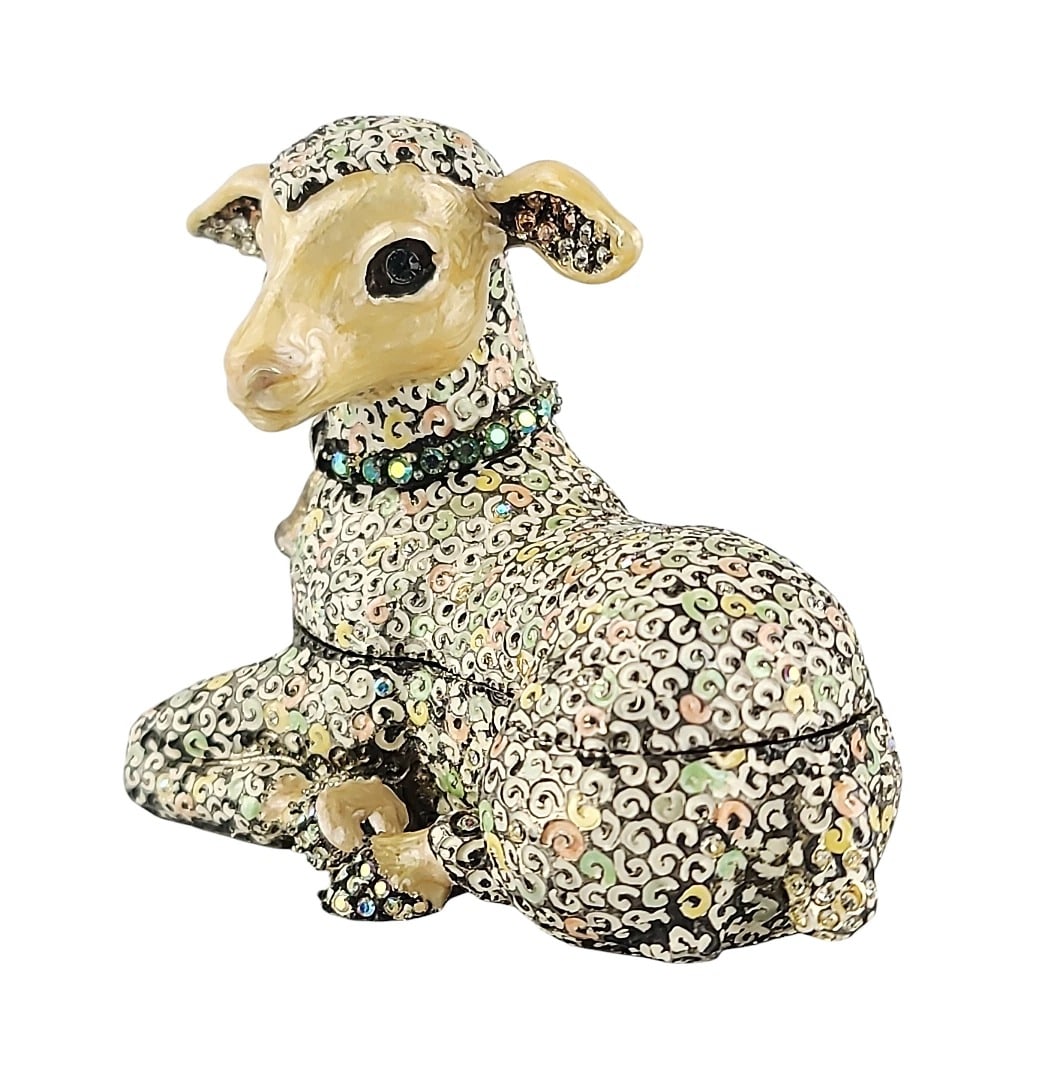 JAY STRONGWATER LAMB ENAMELED TRINKET BOX SWAROVSKI CRYSTALS USED USA