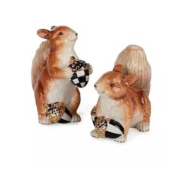 MacKenzie-Childs Walk In The Woods Squirrel Salt & Pepper Set: Materials: Dolomite ceramic. Pieces may vary due to the handmade nature of each product. Imported.Size: 2? wide, 3.25? long, 3.5? tallCare and Use: Hand-wash only.