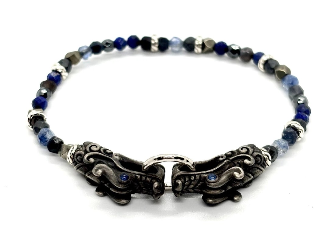 JOHN HARDY Bead in Silver 4MM with Opal, Lapis Lazuli, Hematite, Sapphire L #98: John Hardy Bead in Silver 4MM with Opal, Lapis Lazuli, Hematite, Pyrite, Kyanite and Double Dragon Head with Blue Sapphire Eyes #98Sterling SilverBracelet is 4mm wideSize L (Large)Total Length 8" All 