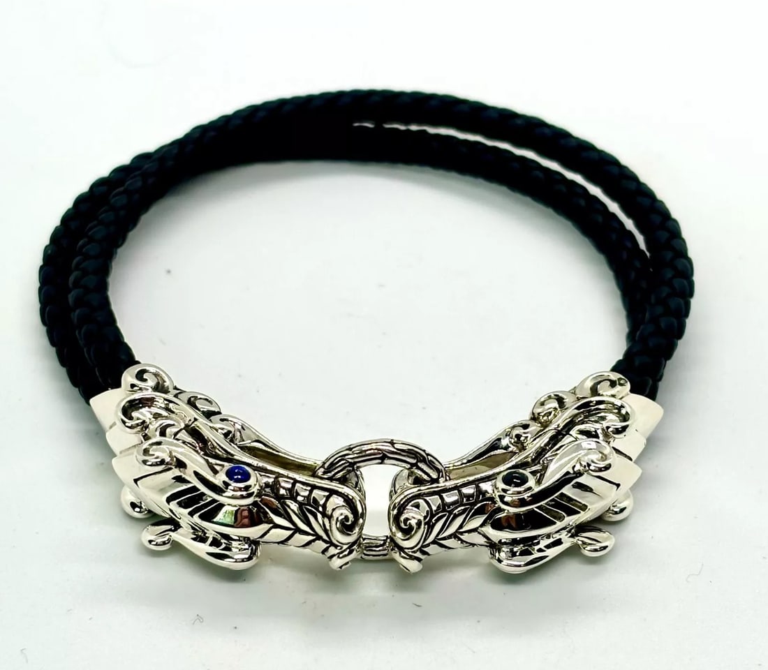JOHN HARDY St. SILVER LEGENDS DOUBLE ROW NAGA DRAGON LEATHER SAPPHIRE BRACELET L: JOHN HARDY UNISEX ST SILVER LEGENDS DOUBLE ROW NAGA DRAGON WOVEN LEATHER BRACELET with Blue Sapphire Eyes#57Brand New Comes in Original John Hardy Pouch and Polishing ClothTotal (Wearable) Length: 7.2