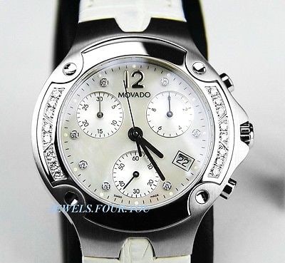 MOVADO SWISS DIAMOND CHRONOGRAPH QUARTZ WATCH: MOVADO SPORTS EDITION.100% BRAND NEW, 100% AUTHENTIC.COMES IN ORIGINAL MOVADO BOX WITH PAPERS.WHITE PERFECT CUT NATURAL DIAMONDS.WHITE GENUINE WHITE ALLIGATOR BAND.Case: Stainless steelCaseback: Snap-