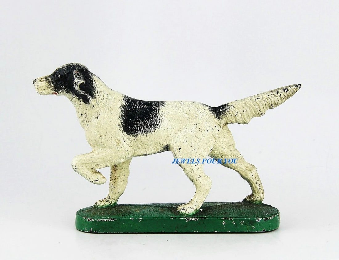 ANTIQUE QUALITY CAST IRON SMALL 7.25" LONG DOORSTOP HUNTING SETTER POINTER DOG: ANTIQUE DOORSTOPHUNTING SETTER POINTER DOGOriginal Paint.7 1/4" Long x 4 3/4" Tall x 1 3/4" Deep (Base)100% AUTHENTIC GUARANTEED