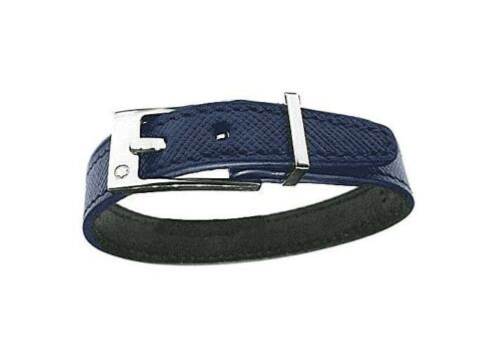 MONTBLANC ST. STEEL & BLUE LEATHER SARTORIAL BRACELET SIZE M 11291463: MONTBLANC SARTORIAL LEATHER BRACELETThe men's bracelet is a reflection of its time. Made of Blue Sartorial leather With a polished stainless steel closure (Buckle), This jewel proposes endless possibi