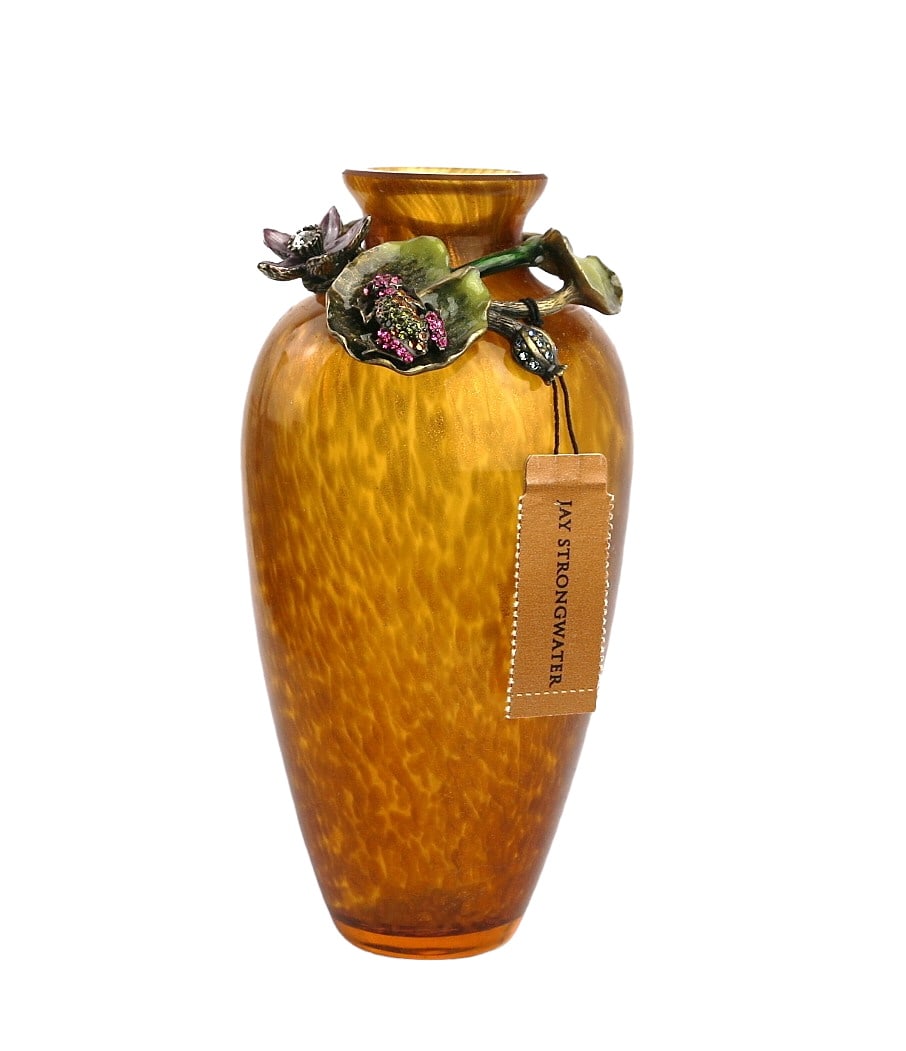 JAY STRONGWATER 5 1/8" MINI FROG LILY PAD AMBER VASE: JAY STRONGWATERMINI AMBER SHADES VASEFROG ON LILY PAD 5 1/8" Tall x 5/8" Diameter (Mouth) x 2.25" DiameterJay Strongwater Sign on the Metal.Handset Swarovski CrystalsHand Painted Enamel Over MetalGlas