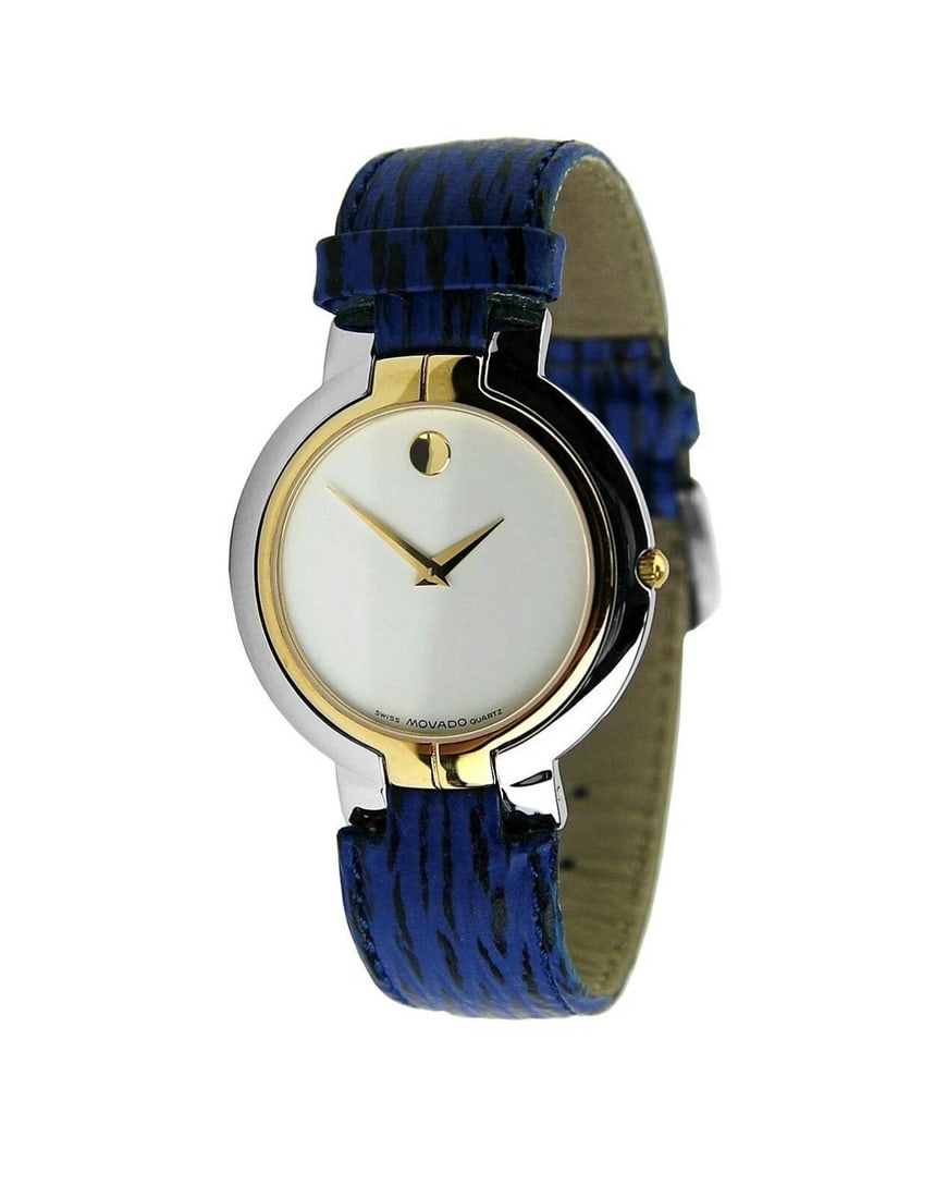 MOVADO MUSEUM QUARTZ WATCH LEATHER BAND 0602638 BRAND SWISS MADE NEW NO BOX #7: MOVADOMUSEUM TWO TONE WATCH - #7MODEL: 0602638Battery operated QUARTZ movement.This is an Original Movado Swiss Made WatchCase: 35 mm x 5.5 mm ThicknessBlue Leather Band: 18.3 mmThis Beautiful Watch C