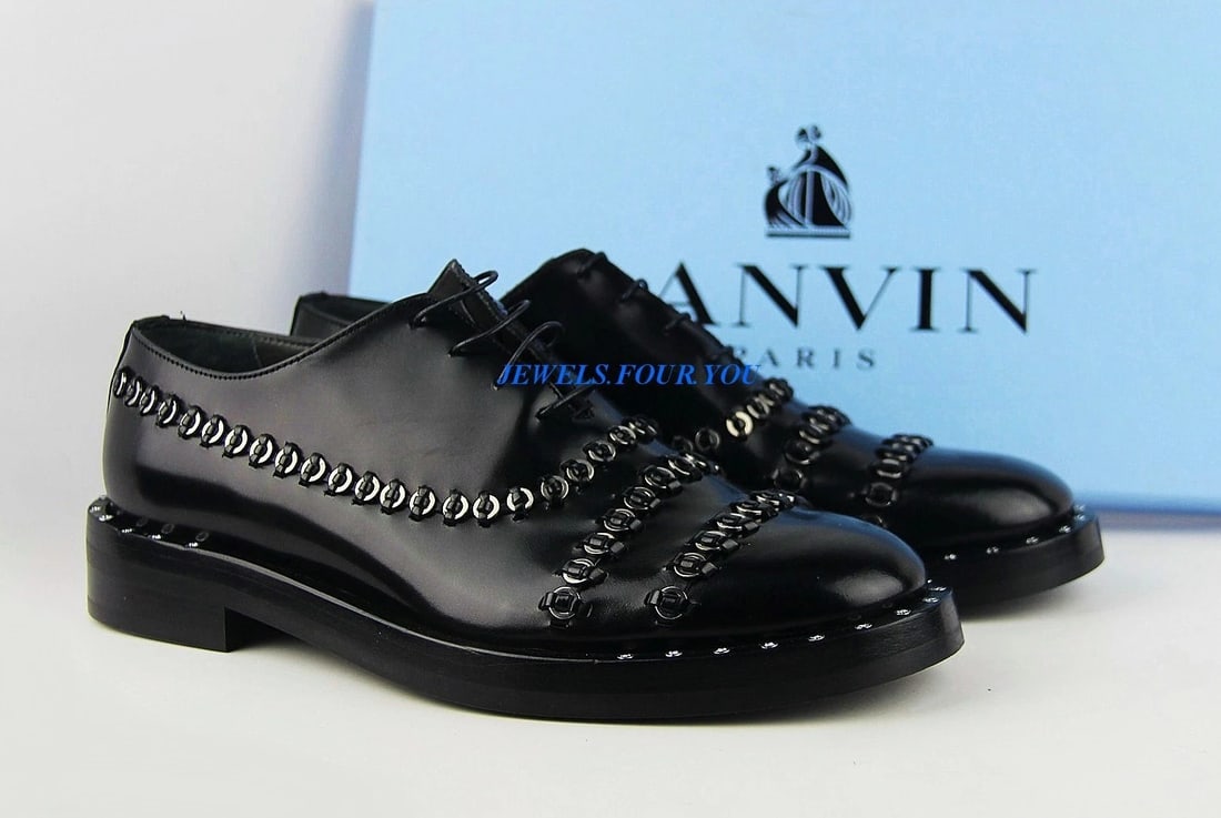 LANVIN BLACK GLOSSY METAL EMBROIDERED 100% LEATHER SHOE Size 12 ITALY # 10 (1 of 5)