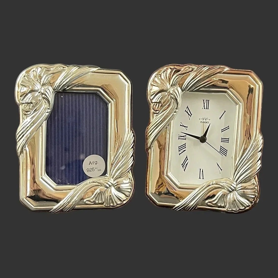 Sterling Silver Frames on Walnut and Sterling Silver Desk Set Alarm Clock, MINT: Gorgeous Matshing Sterling Silver Frames on Walnut and Sterling Silver Desk Set Alarm Clock, (1920-1949). MINT Like New Condition
