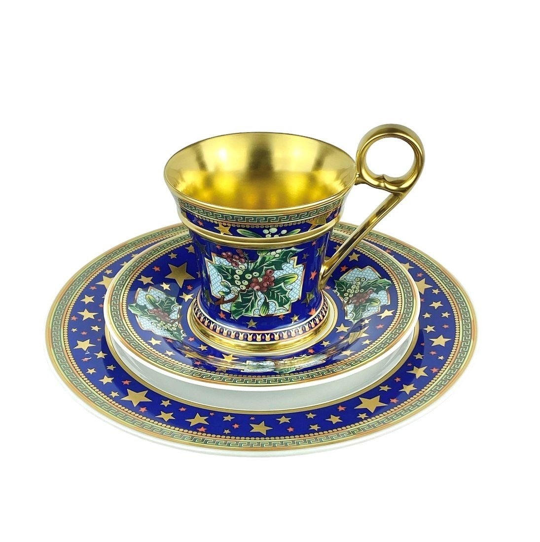 VERSACE ROSENTHAL FLORAL ELEGY SET OF THREE CUP MUG SAUCER DESSERT PLATE: VERSACE (by Rosenthal)Floral Elegy CollectionYOU ARE LOOKING AT THE PICTURES OF AN ACTUAL ITEM.MADE IN GERMANY.Measurements: Cup Height: 4.25", Width: 5", Depth: 3.75"; Saucer Diameter: 6.5", Dessert 