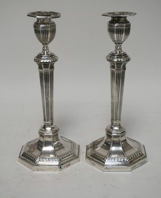 ANTIQUE LONDON STERLING SILVER CANDLESTICKS. WEIGHTED. (1 of 2)