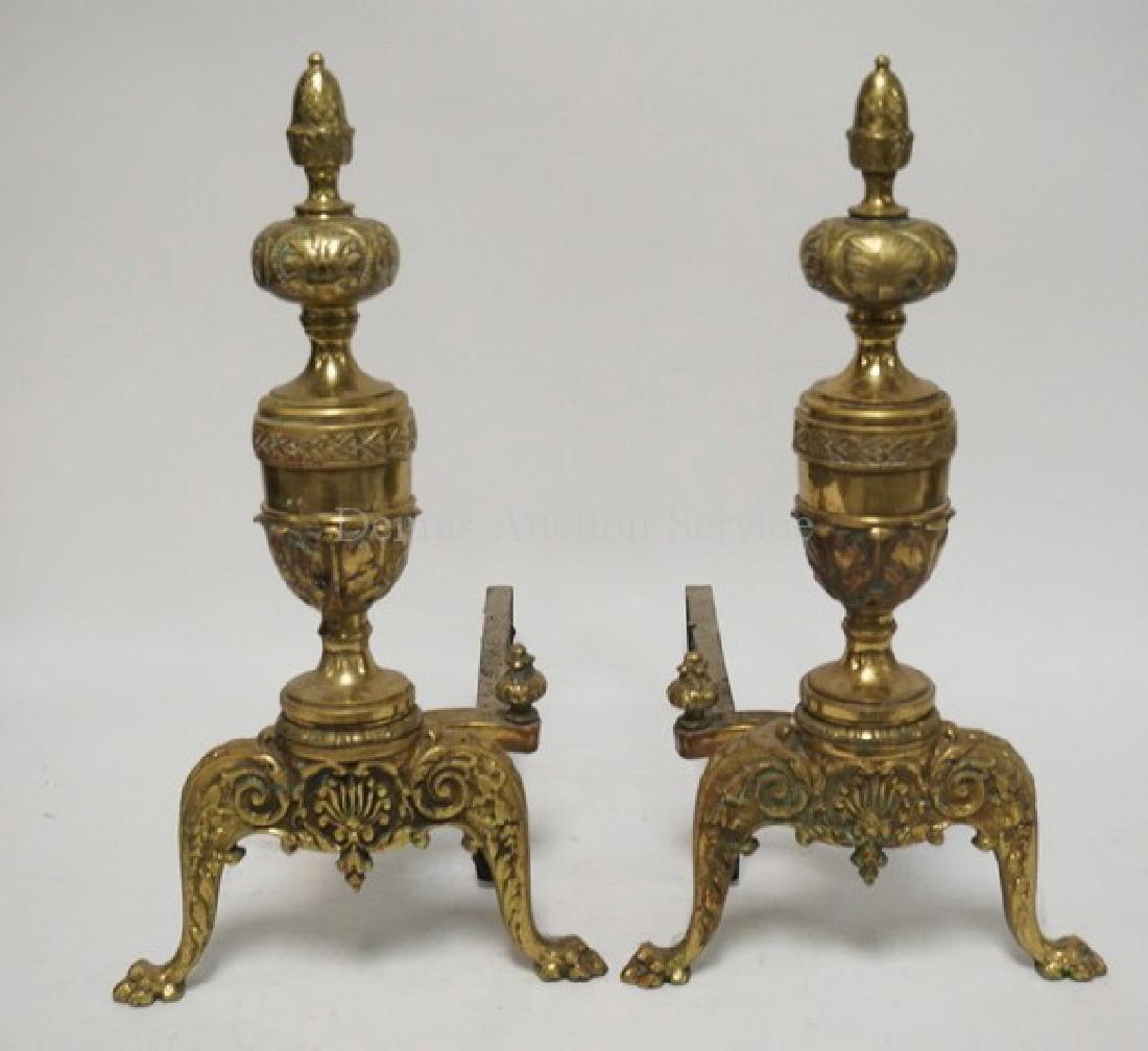 PAIR OF BRASS ANDIRONS MARKED *ENGLISH BELLOWS*. 19 5/8: PAIR OF BRASS ANDIRONS MARKED *ENGLISH BELLOWS*. 19 5/8 INCHES HIGH.