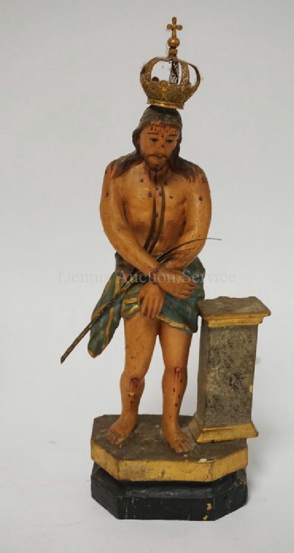 HAND CARVED AND POLYCHROME PAINTED WOODEN FIGURE OF (1 of 3)