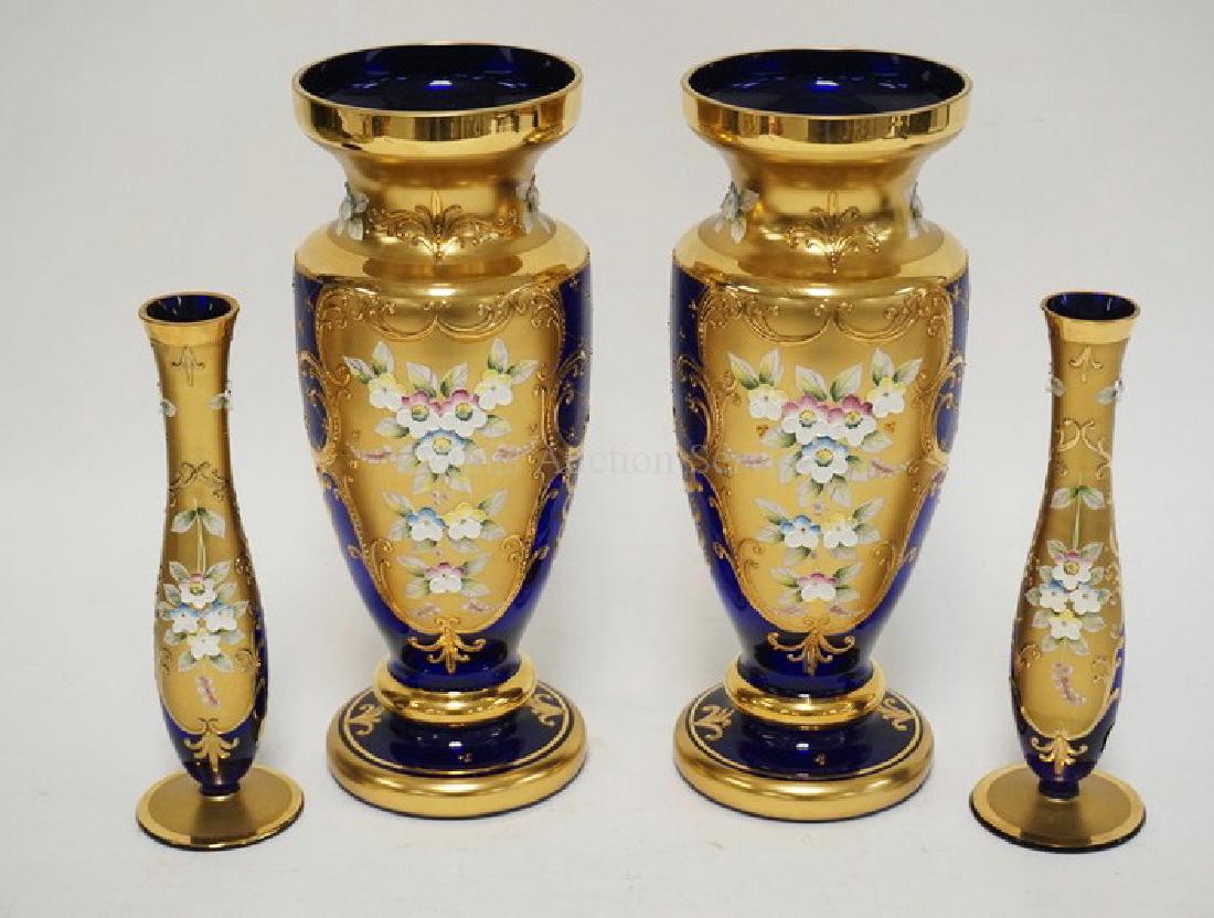 4 BOHEMIAN GLASS VASES. 2 PAIR IN COBALT BLYE WITH (1 of 3)