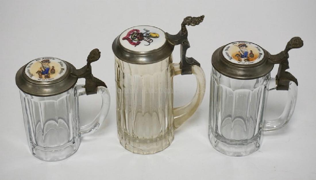 LOT OF 3 GLASS STEINS. EACH WITH DECORATED PORCELAIN (1 of 2)
