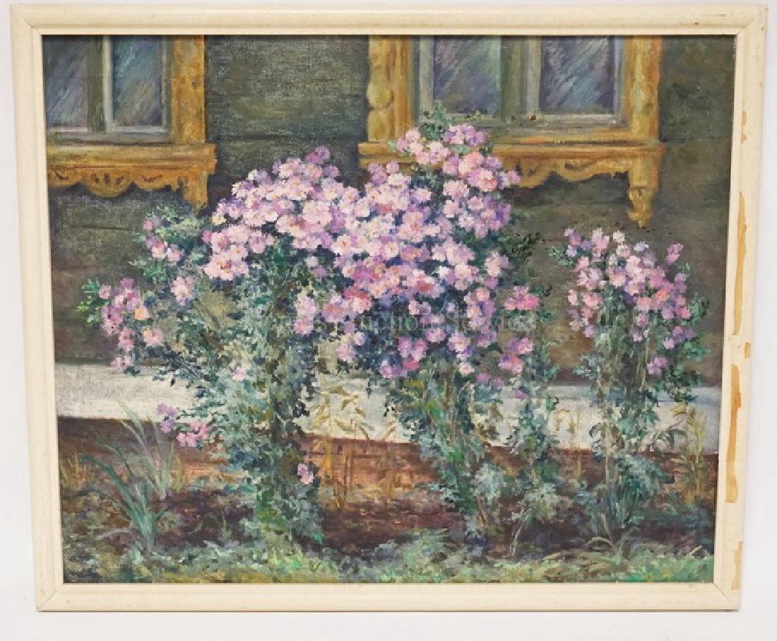OLGA OHKRIETZ (RUSSIAN) OIL PAINTING ON CANVAS OF: OLGA OHKRIETZ (RUSSIAN) OIL PAINTING ON CANVAS OF FLOWERS NEXT TO A HOUSE. SIGNED ON VERSO. 23 X 19 INCHES.
