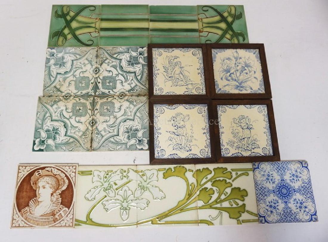 LOT OF 17 ANTIQUE TILES. SOME MATCHING. INCLUDES BOCH: LOT OF 17 ANTIQUE TILES. SOME MATCHING. INCLUDES BOCH FRERES, ETC. ALL APPROX 6 INCHES SQUARE. SOME CRAZING, STAINING, ETC.