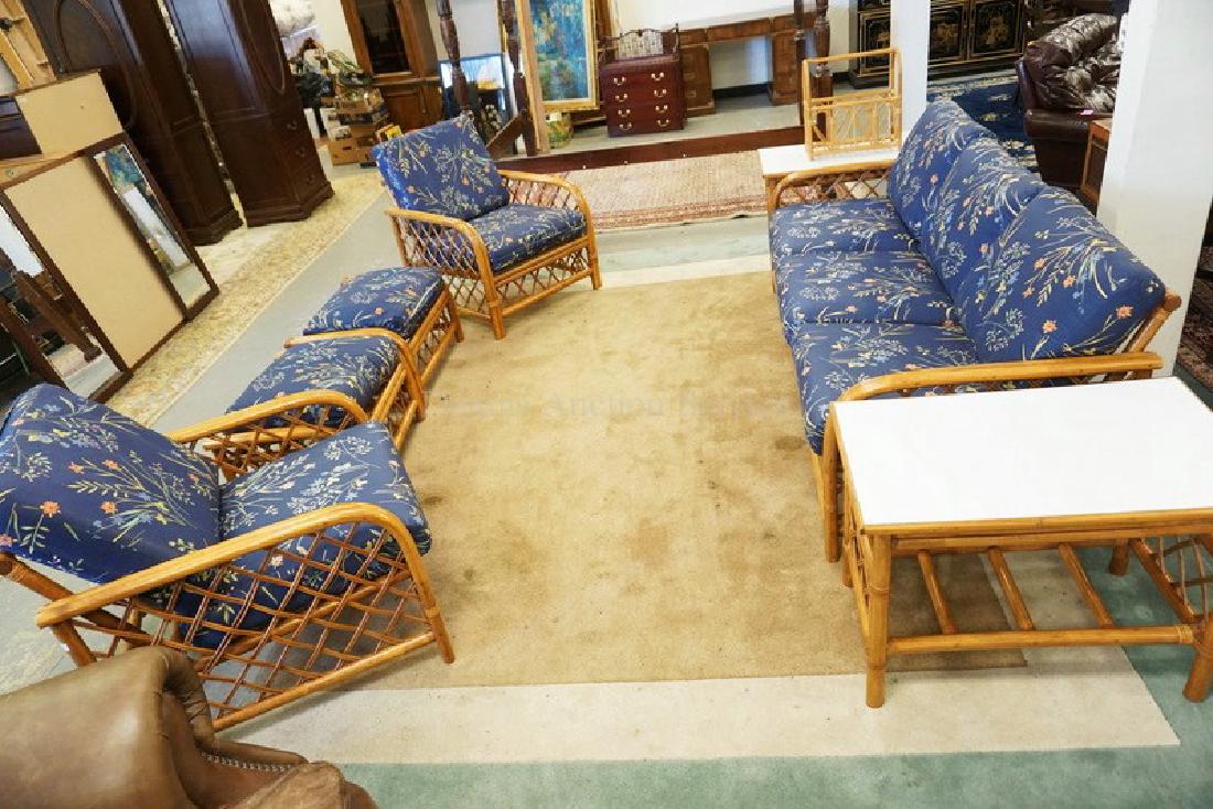 8 PIECE RATTAN PARLOR SET. SOFA, 2 LAMPS TABLES, (1 of 3)