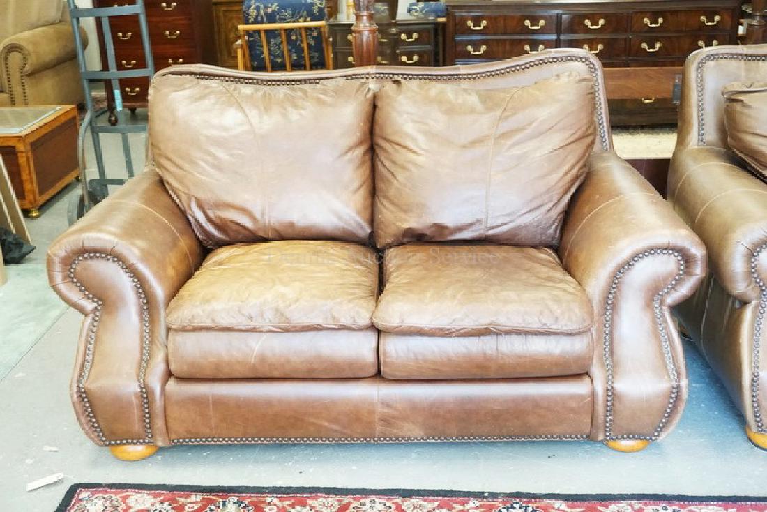 LEATHER LOVESEAT. HAS WEAR & FADING.: LEATHER LOVESEAT. HAS WEAR & FADING.