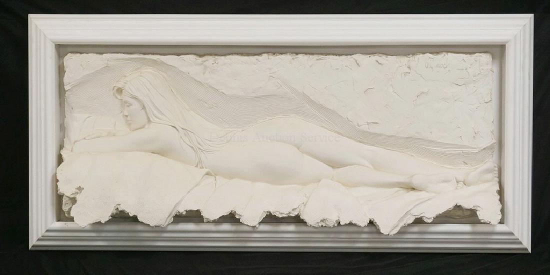 *BILL MACK* VERY LARGE AND EXCEPTIONAL WALL SCULPTURE: *BILL MACK* VERY LARGE AND EXCEPTIONAL WALL SCULPTURE OF A RECLINING FEMALE NUDE IN DEEP RELIEF. FRAMED. SAND RESIN CAST. ARTIST SIGNED UPPER RIGHT AND EDITION #89/97. 75 1/4 X 35 1/2 INCHES.