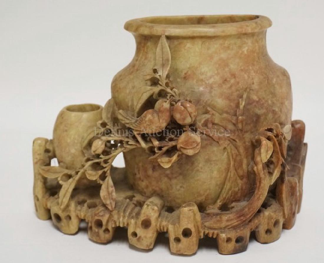 CARVED ASIAN SOAPSTONE VASE WITH BIRDS AND FRUIT (1 of 2)