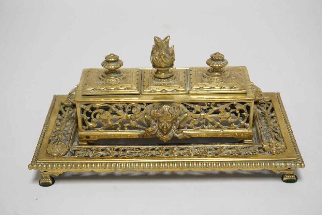 CAST BRASS DOUBLE INKWELL WITH STAMP WELL. OPENWORK (1 of 3)