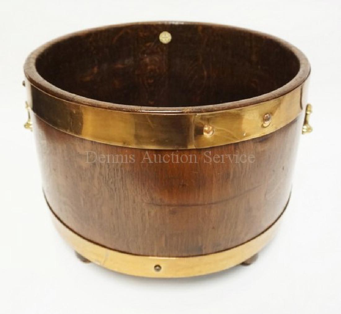 BRASS MOUNTED OAK BARREL FORM CONTAINER BY R.A. LISTER, (1 of 3)