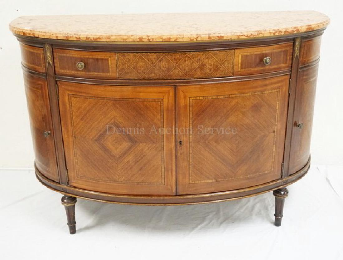 INLAID MARBLE TOP DEMILUNE CREDENZA. CUSTOM MADE BY THE: INLAID MARBLE TOP DEMILUNE CREDENZA. CUSTOM MADE BY THE LEONARDO CO, NEW YORK. 54 INCHES WIDE. 22 1/2 INCHES DEEP.