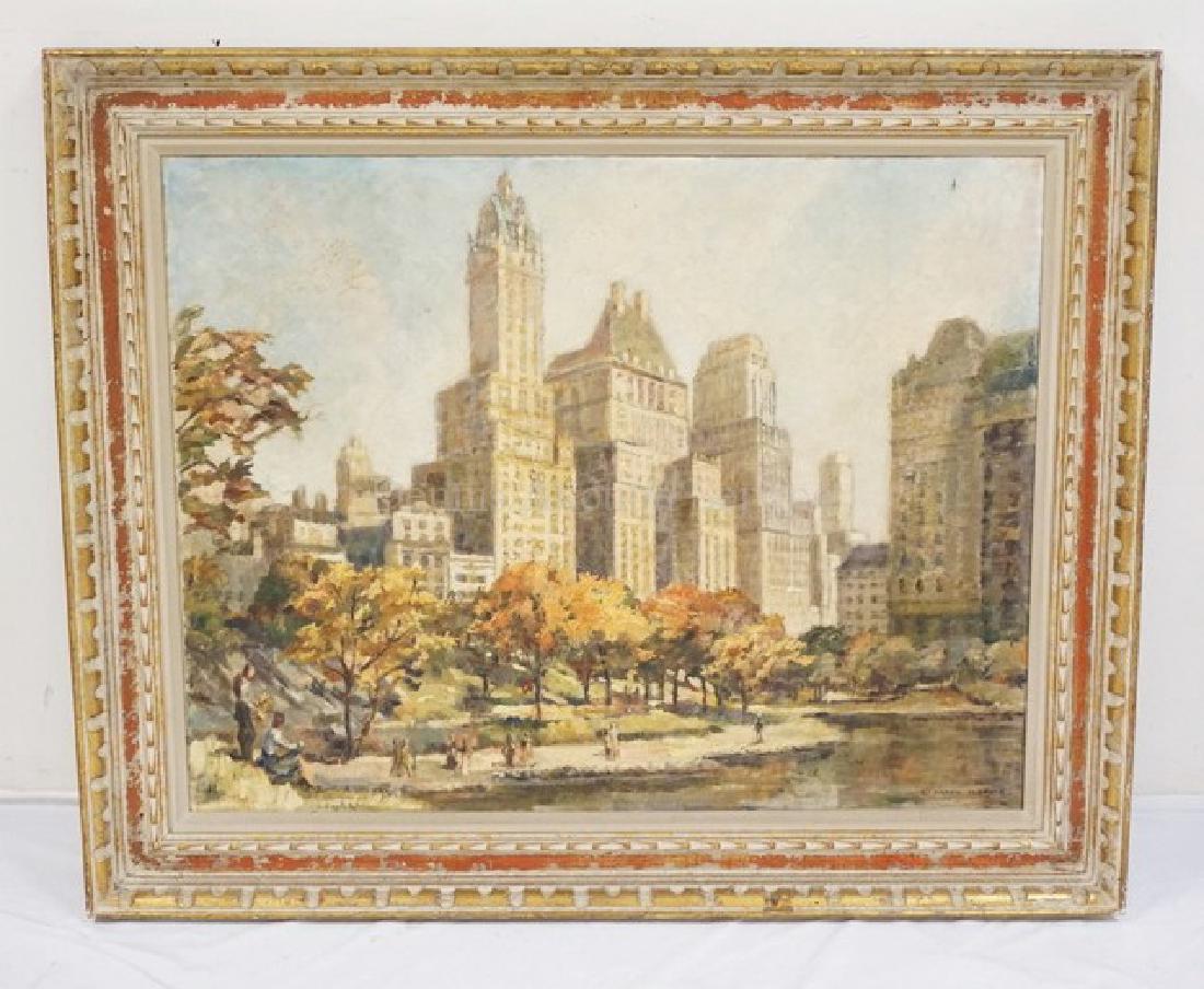 FRANK MORATZ OIL PAINTING ON CANVAS OF A CITY WITH (1 of 2)