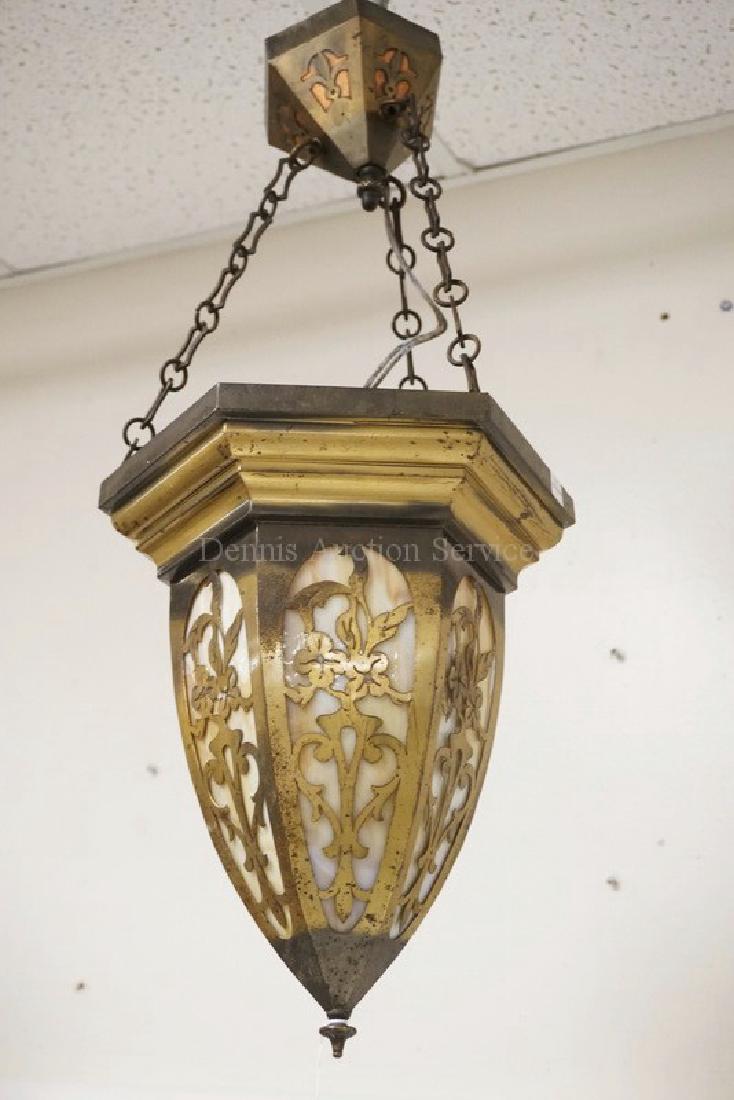 HANGING SLAG GLASS FIXTURE FLORAL CUTWORK PANELS.: HANGING SLAG GLASS FIXTURE FLORAL CUTWORK PANELS. APPROX 25 INCHES LONG.