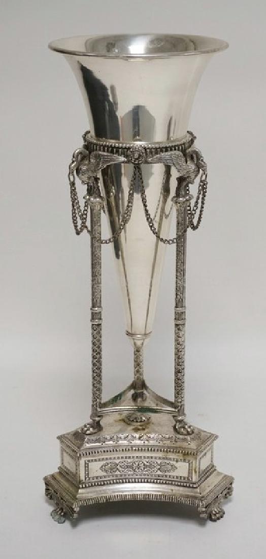 SILVER PLATED VASE WITH AN ORNATE STAND HAVING BIRDS: SILVER PLATED VASE WITH AN ORNATE STAND HAVING BIRDS AND PAW FEET. 17 INCHES HIGH