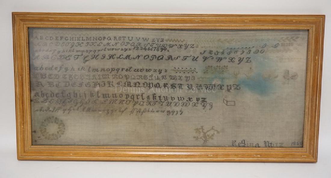 ANTIQUE SAMPLER SIGNED REGINA WITZ? 1850. 30 X 14 1/2: ANTIQUE SAMPLER SIGNED REGINA WITZ? 1850. 30 X 14 1/2 INCHES.