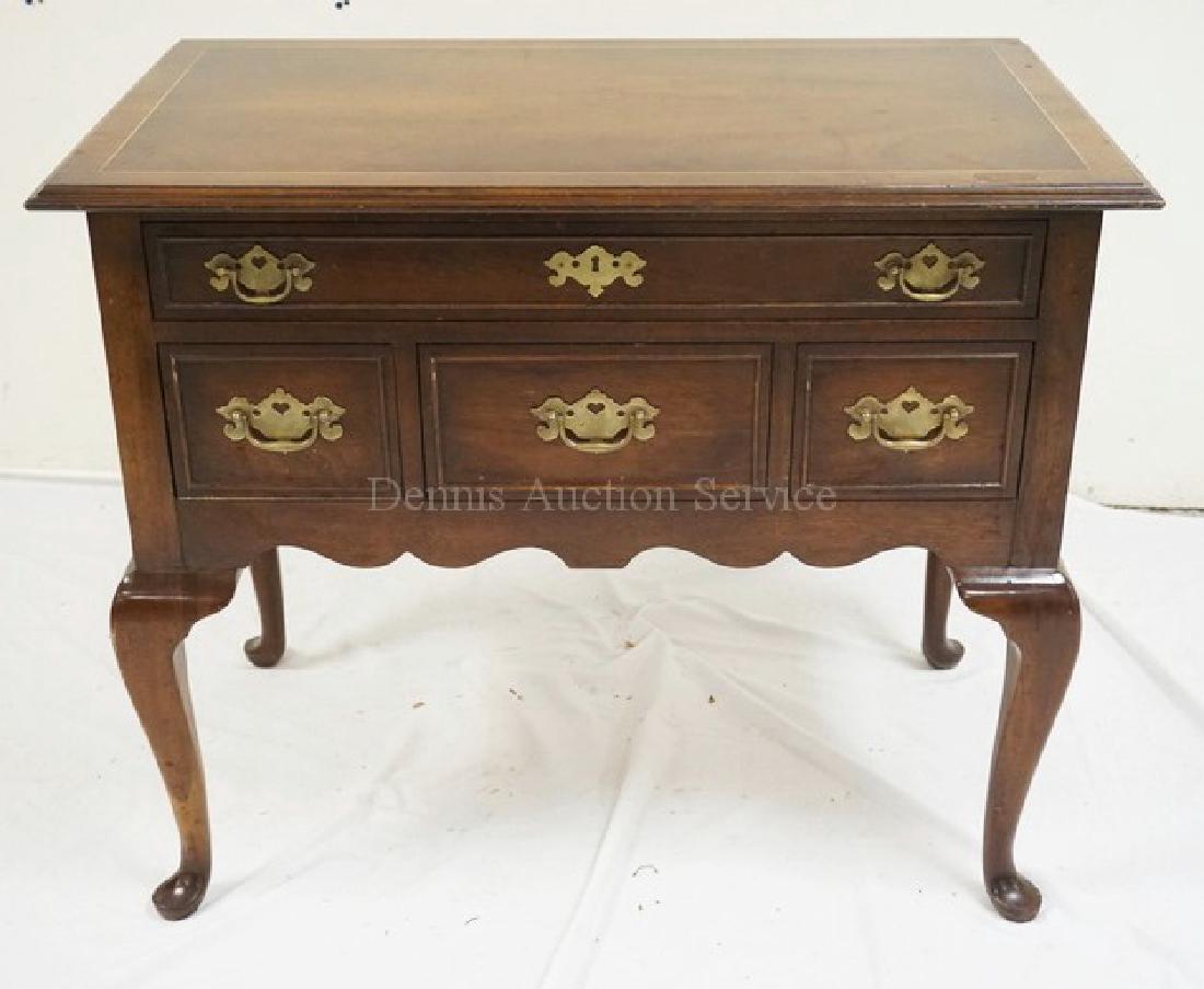 MAHOGANY QUEEN ANNE STYLE LOW BOY WITH A BANDED INLAY: MAHOGANY QUEEN ANNE STYLE LOW BOY WITH A BANDED INLAY TOP. 30 INCHES HIGH. 36 INCHES WIDE. 21 INCHES DEEP.