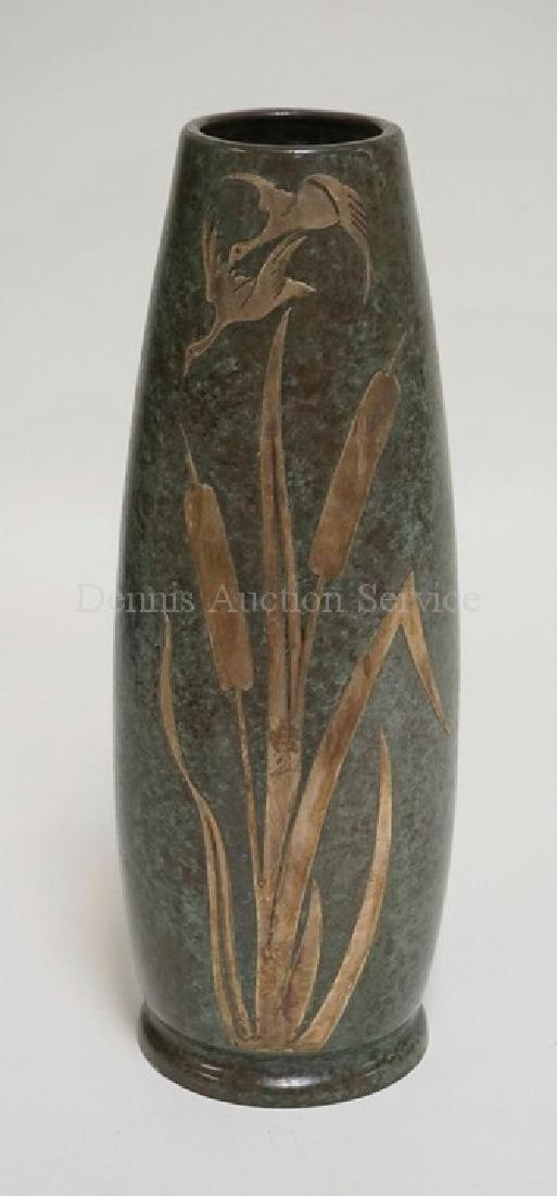 SILVERCREST STERLING SILVER ON BRONZE VASE DECORATED: SILVERCREST STERLING SILVER ON BRONZE VASE DECORATED WITH CATTAILS AND FLYING DUCKS. 12 7/8 INCHES HIGH.