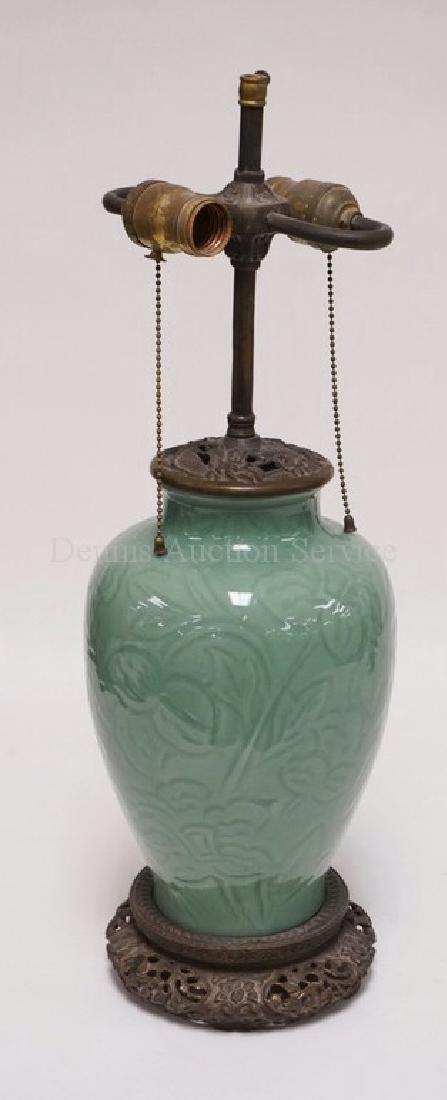 ASIAN CELADON LAMP WITH ORNATE BRONZE MOUNTS. GIFTED TO (1 of 5)