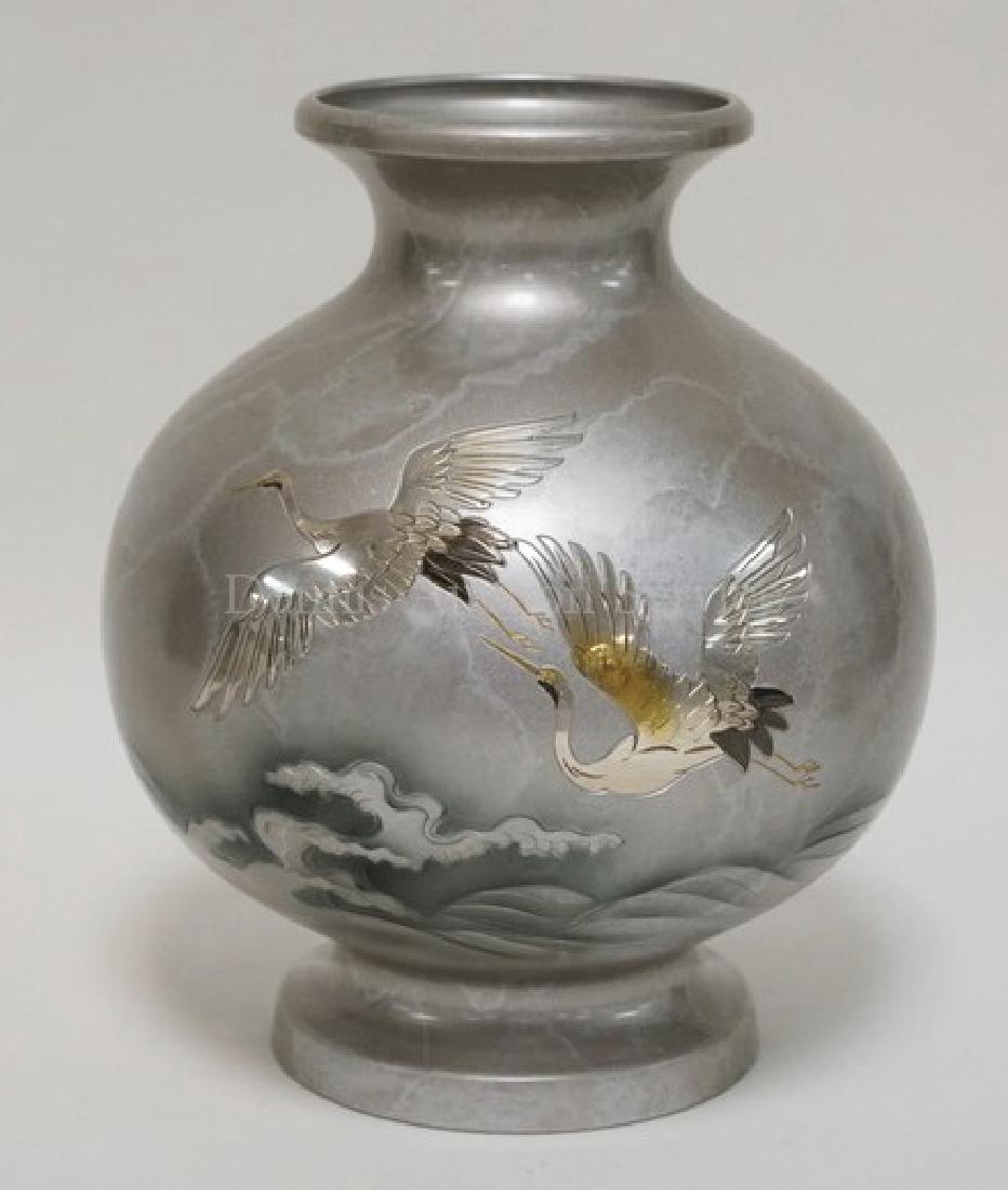 ASIAN METAL VASE DECORATED WITH FLYING CRANES ON A (1 of 4)