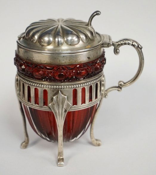 RUBY RED GLASS MUSTARD POT IN A GORHAM STERLING SILVER (1 of 2)