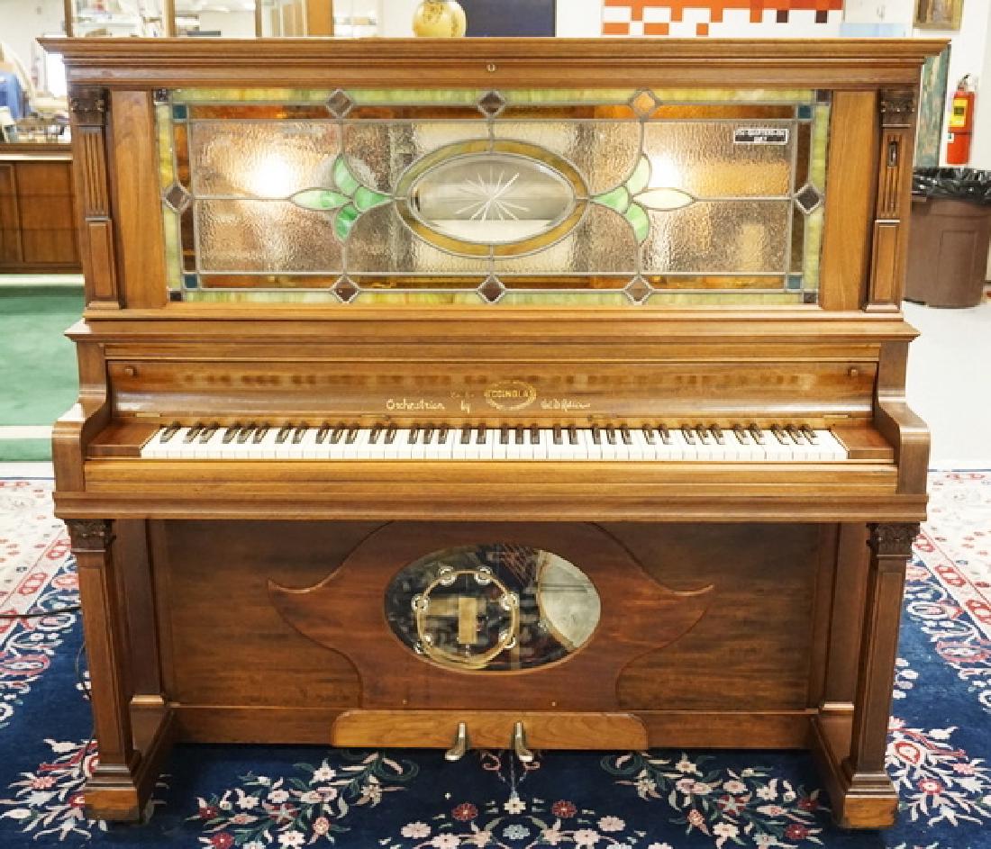 ANTIQUE LAUTER COINOLA *ORCHESTRION* COIN OP PLAYER: ANTIQUE LAUTER COINOLA *ORCHESTRION* COIN OP PLAYER PIANO WITH PERCUSSION. BY VAL D. ROBBINS. PLAYS ON QUARTERS. INTERNAL INSTRUMENTS INCLUDE A TAMBOURINE, SNARE DRUM, BLOCK,TRIANGLE, ETC, SERIAL NUMB