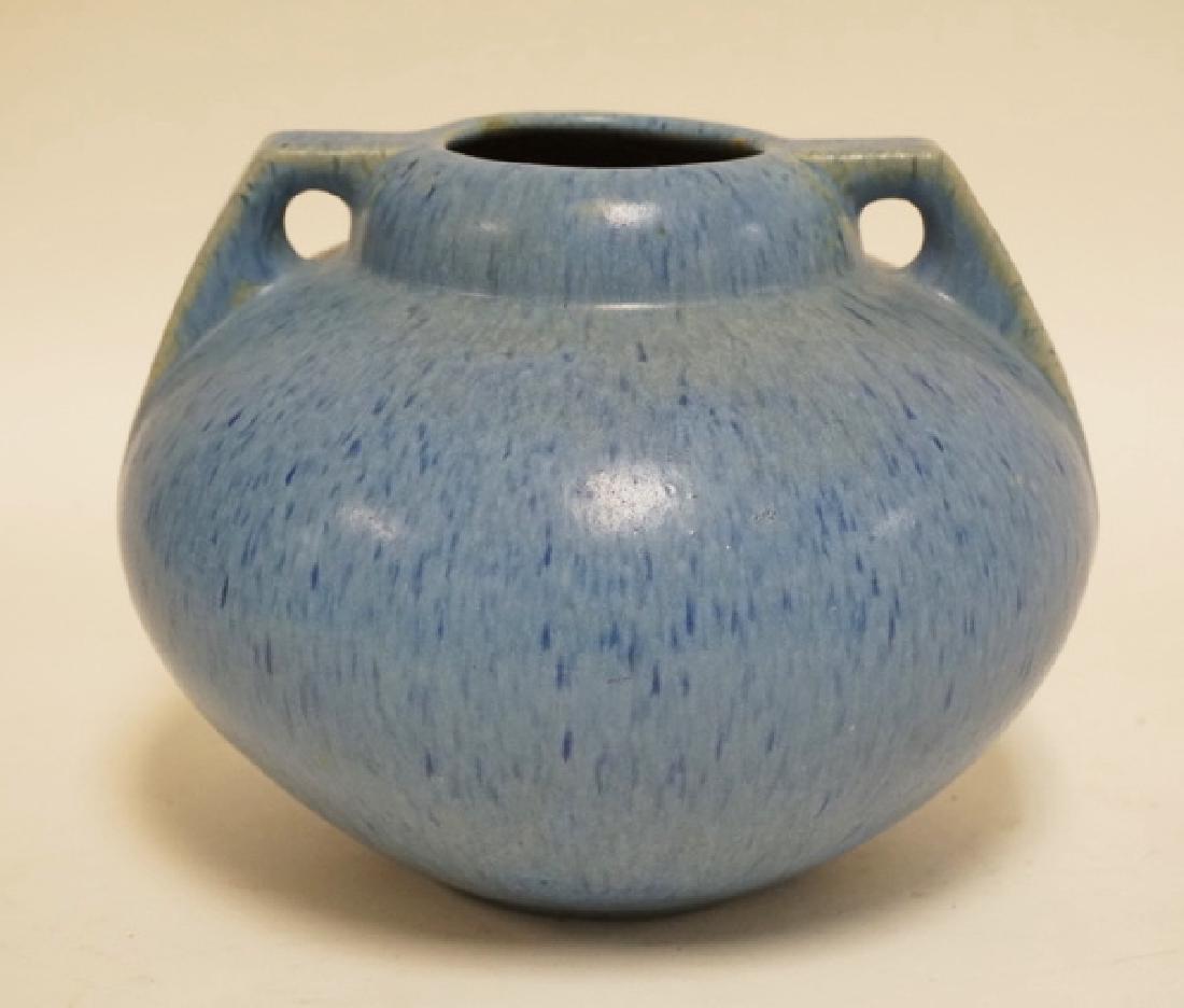 FULPER ART POTTERY VASEIN A MOTTLE BLUE WITH ANGULAR: FULPER ART POTTERY VASEIN A MOTTLE BLUE WITH ANGULAR HANDLES. 5 1/4 INCHES HIGH.