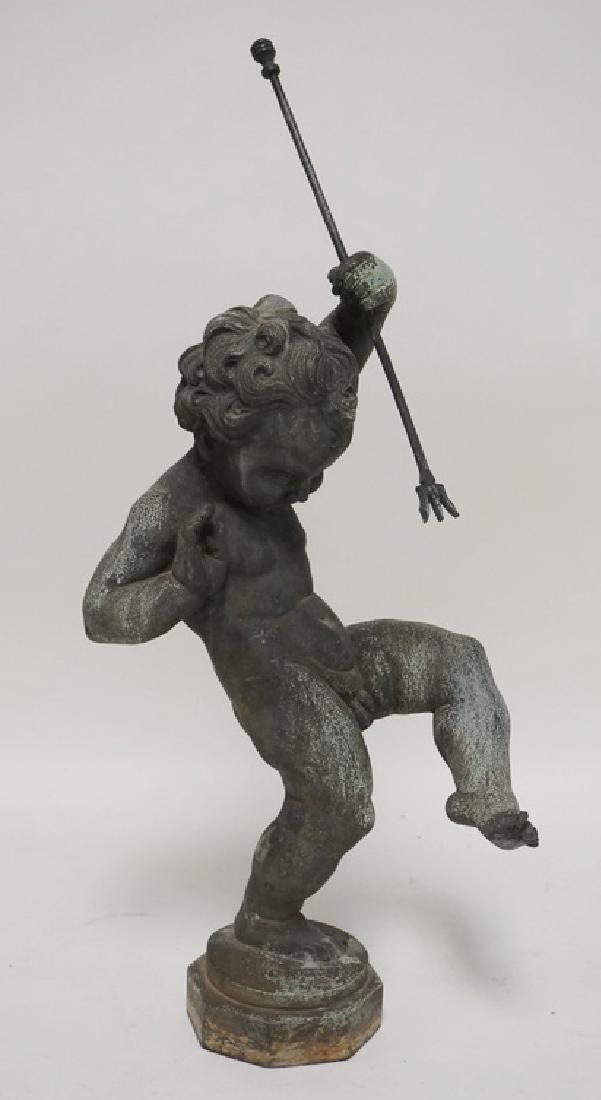 BRONZE PUTTI FIGURE WITH A TRIDENT/GIG. 20 1/2 INCHES (1 of 3)