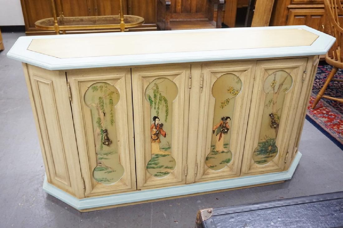 CHINOISERIE DECORATED CREDENZA. 60 INCHES LONG.: CHINOISERIE DECORATED CREDENZA. 60 INCHES LONG.