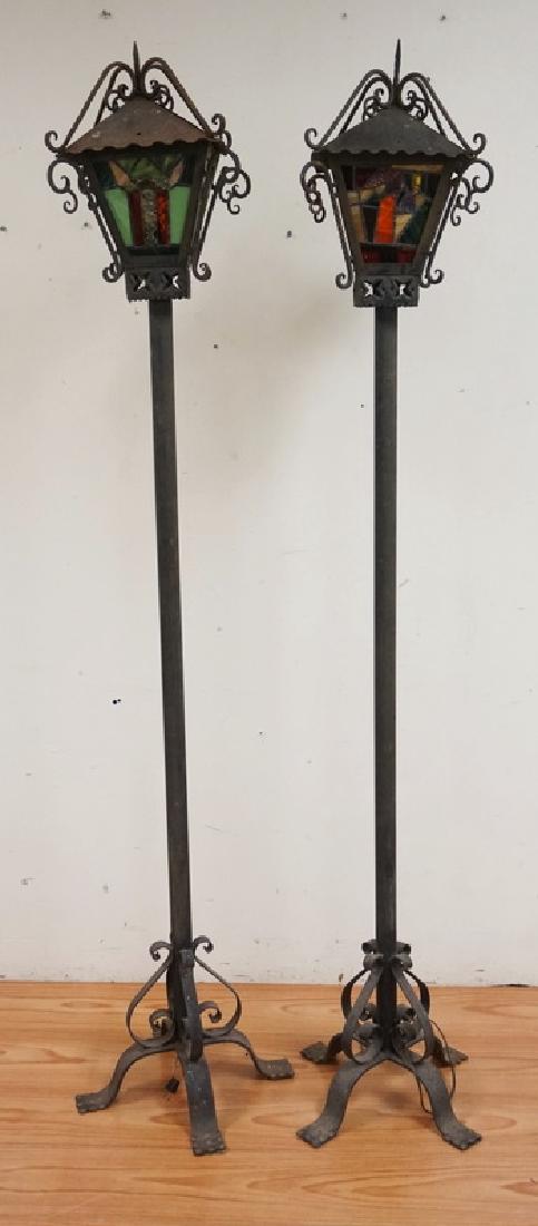 PAIR OF WROUGHT IRON POST LAMPS WITH LEADED SHADES. 80 (1 of 4)
