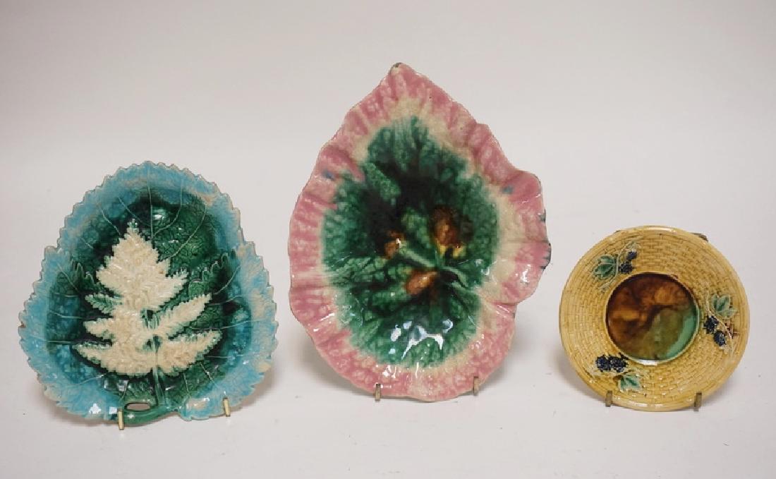 3 PIECES OF ANTIQUE MAJOLICA POTTERY. 2 LEAF DISHES AND (1 of 3)