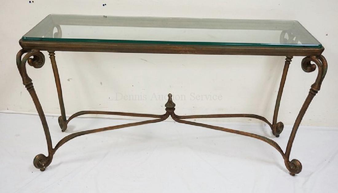 IRON CONSOLE TABLE WITH A GLASS TOP. TOP MEASURING 52 X (1 of 2)