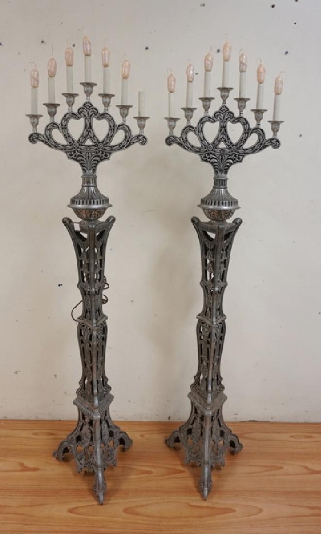 PAIR OF ALUMINUM FLOOR LAMPS IN THE FORM OF CANDELABRA.: PAIR OF ALUMINUM FLOOR LAMPS IN THE FORM OF CANDELABRA. EACH WITH 7 LIGHTS. 67 INCHES HIGH.
