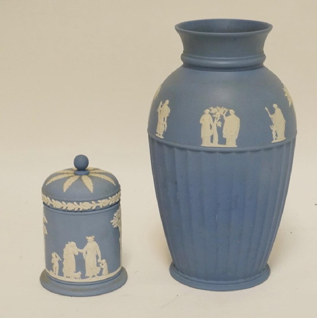 2 PIECES OF WEDGWOOD. A COVERED JAR AND A 9 5/8 INCH: 2 PIECES OF WEDGWOOD. A COVERED JAR AND A 9 5/8 INCH VASE. MIE MARKS.